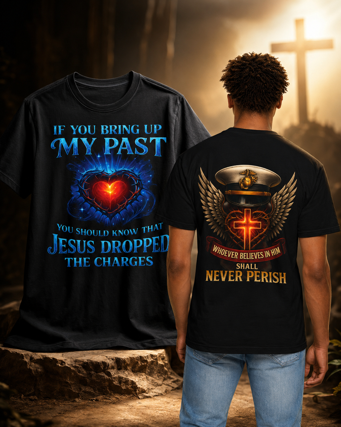 Two black Christian ministry shirts featuring Jesus dropped the charges and never perish designs
